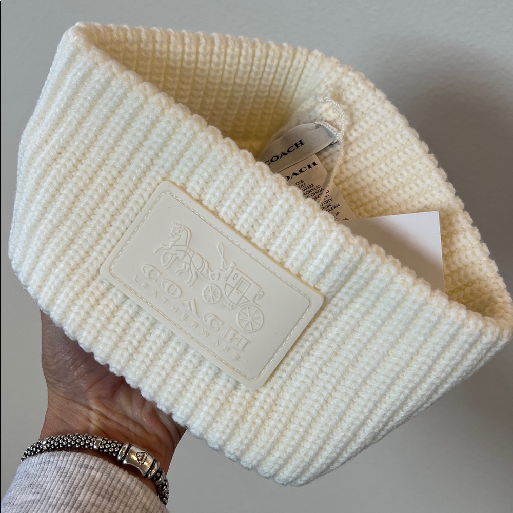 Coach Womens Chunky Knit Headband Cream Logo Patch Ear Warmers New